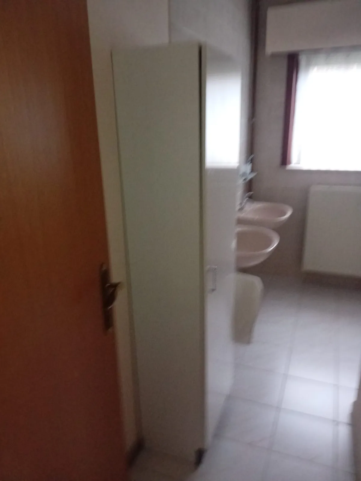 Badkamer met dubbele wastafel en een hoge witte kast