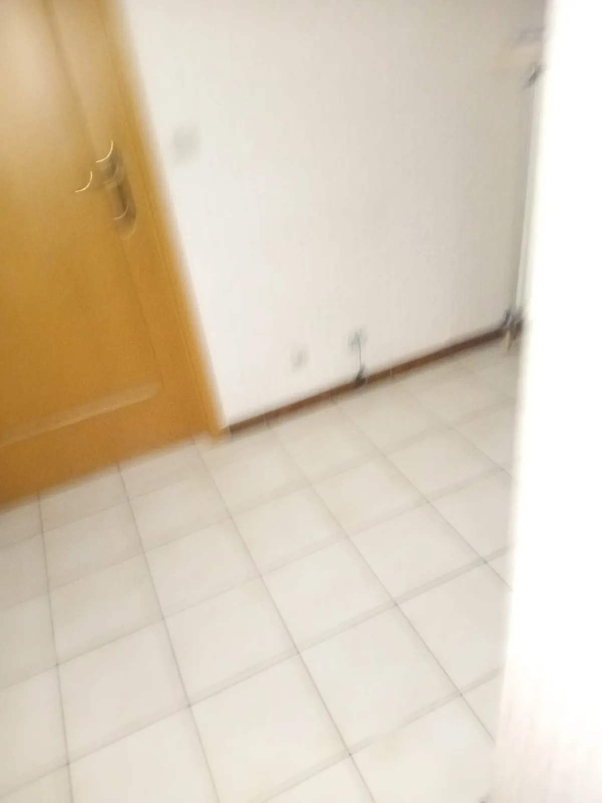 Lege kamer met witte tegelvloer en houten binnendeur
